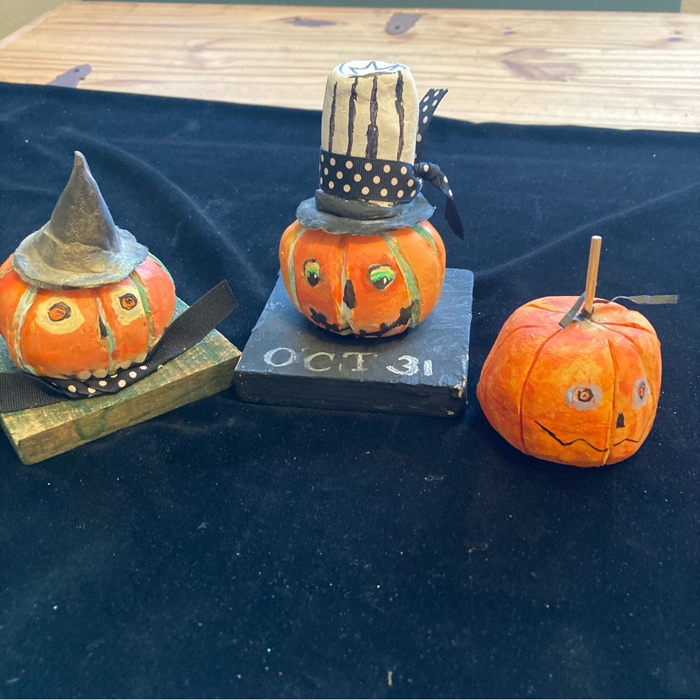 Three Handmade Original  Ceramic Halloween Pumpkins 3”-5”